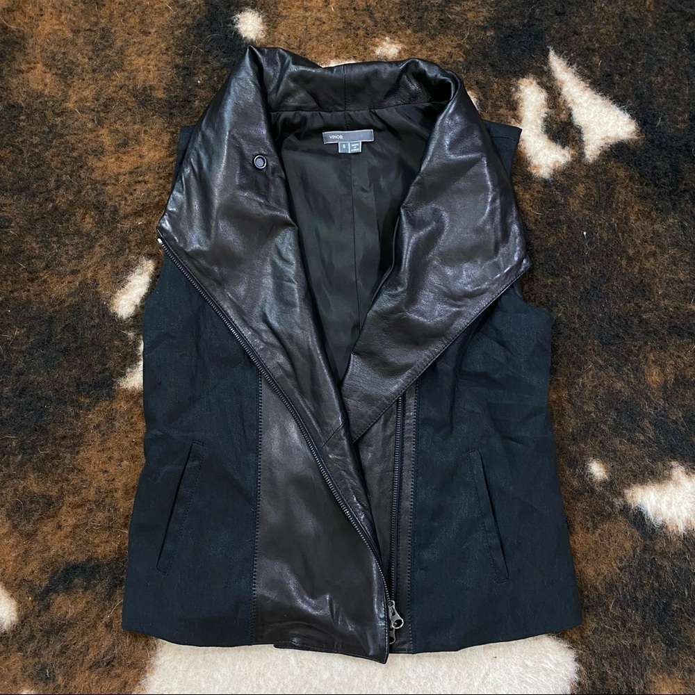 Vince Asymmetric Leather Linen Sleeveless Vest